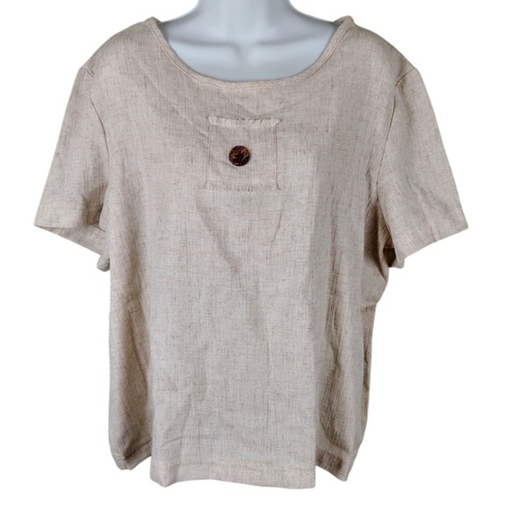 Lucia Tan Flax Blend‎ Short Sleeve Frayed Pocket Blouse Top 18 lagenlook earthy